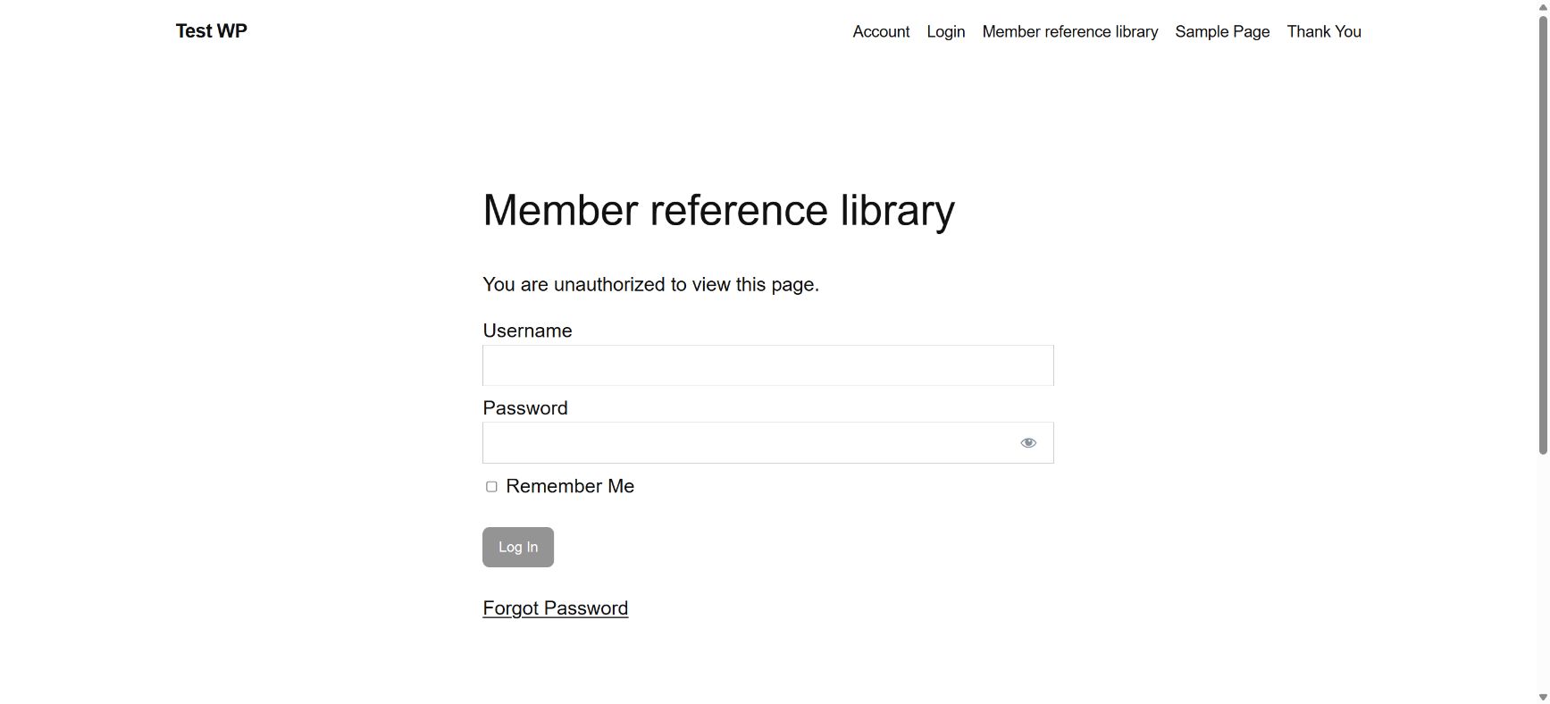 Logged-out MemberPress page shows unauthorized message and login form instead of the protected library paragraph