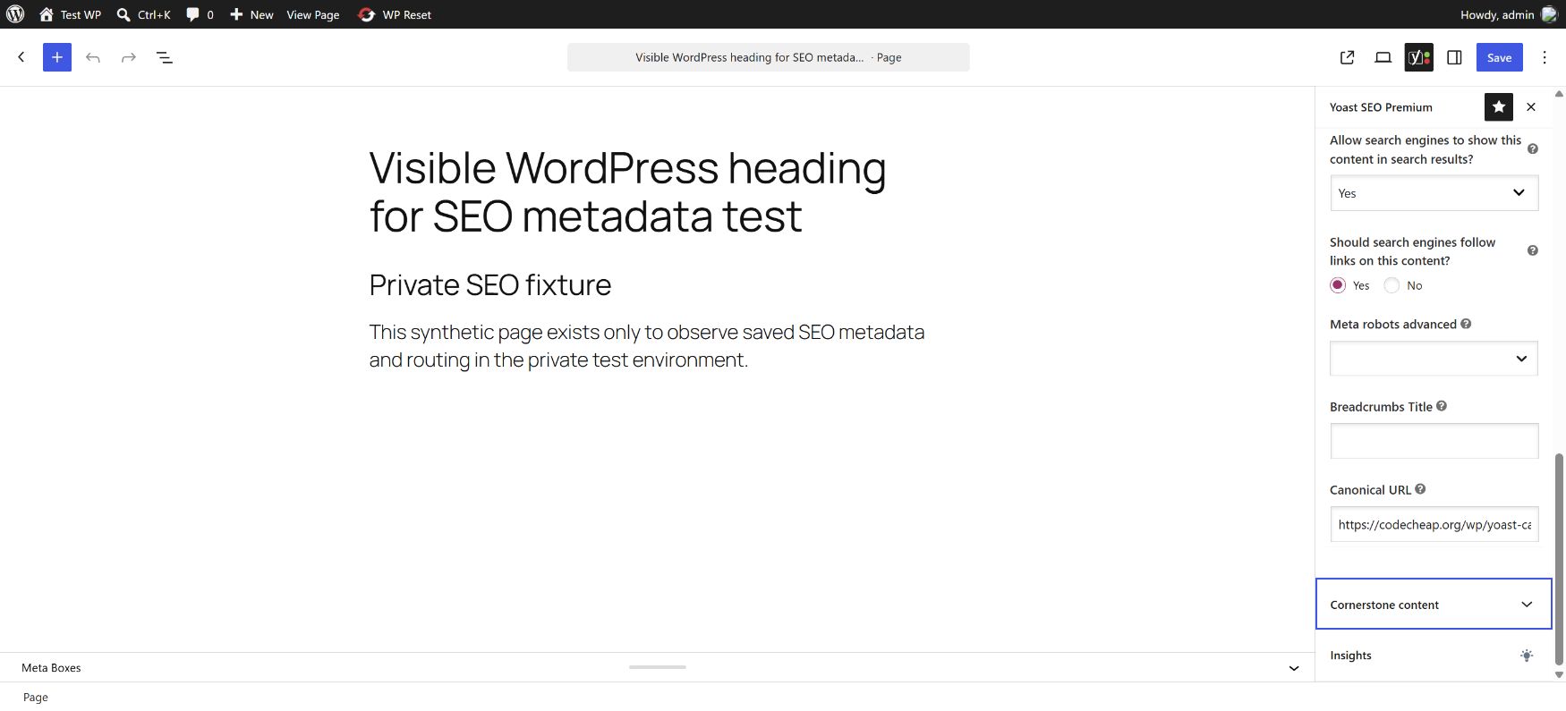 Advanced Yoast field pointing at the separate canonical destination