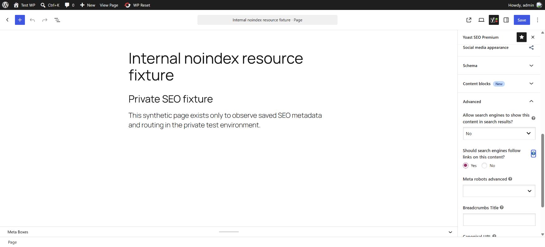 Yoast Advanced settings with search visibility disabled for the internal fixture