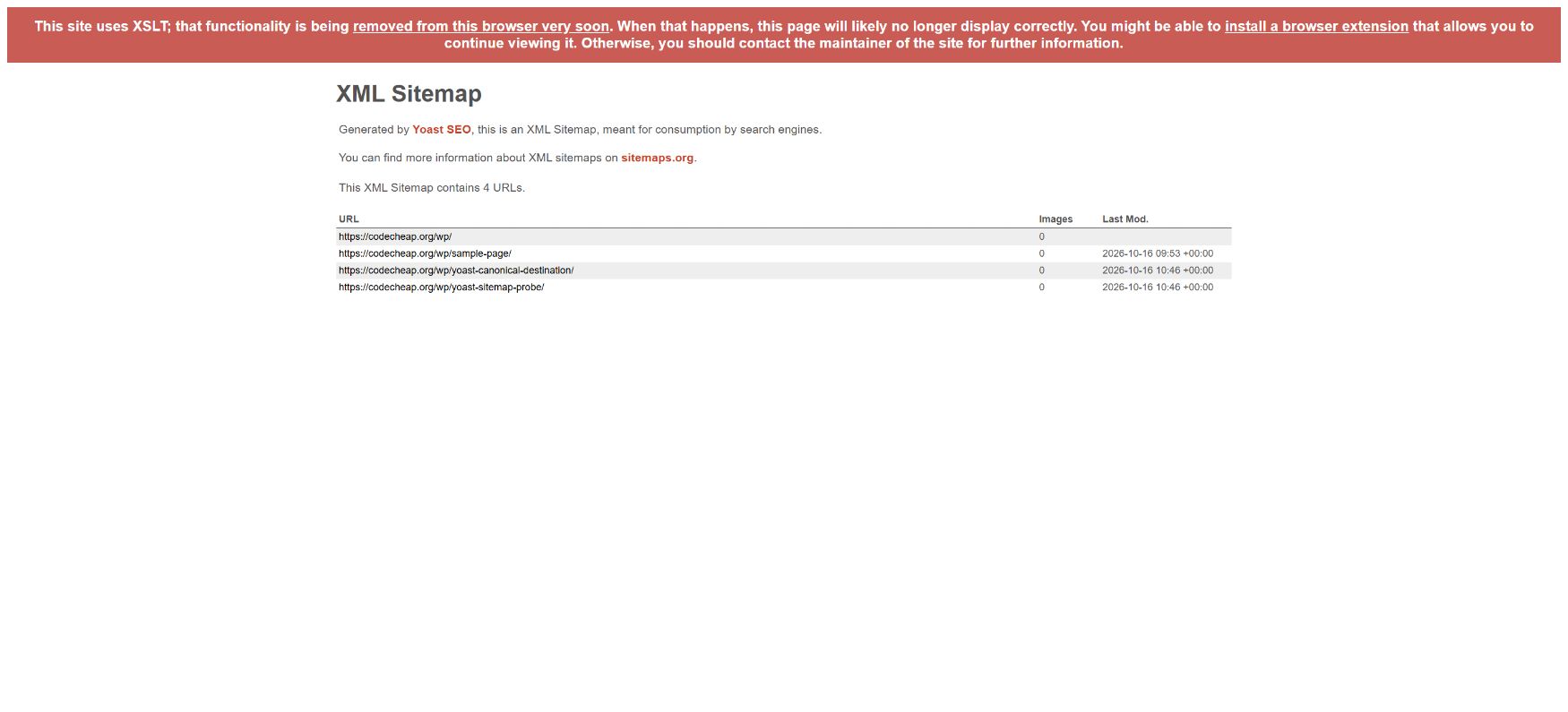 Yoast page sitemap showing the included synthetic probe and canonical destination