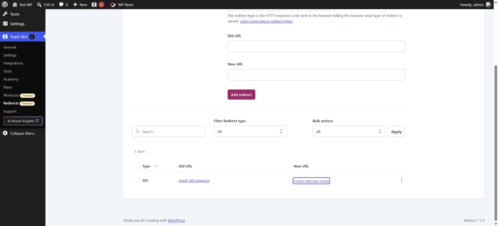 Premium redirect manager showing the synthetic old resource and its permanent destination