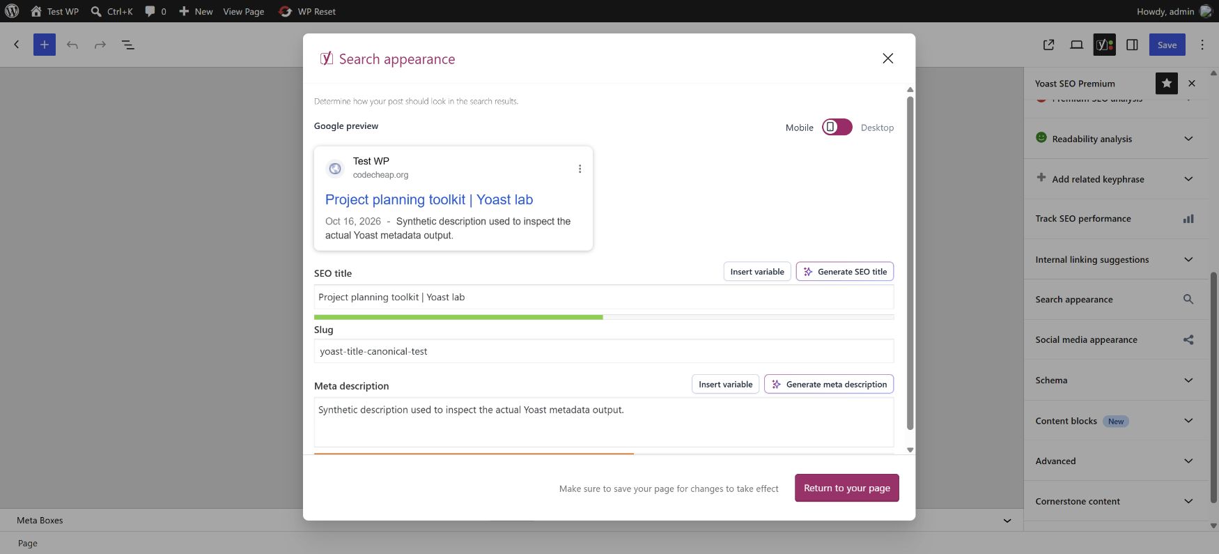 Yoast editor fields containing the tested SEO title and meta description
